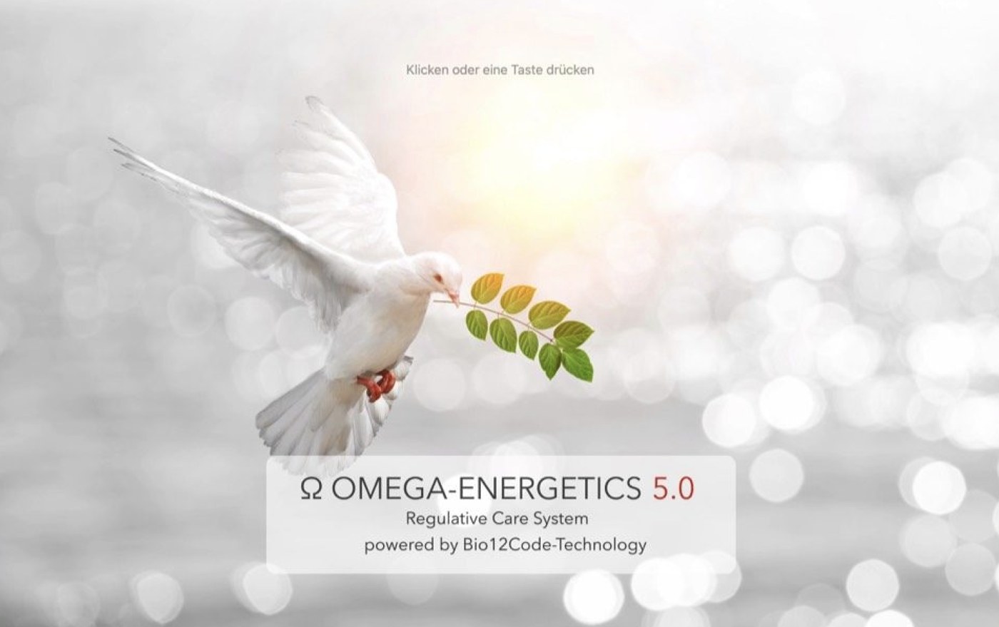 Startbild von Omega-Energetics 5.0 mit weißer Taube